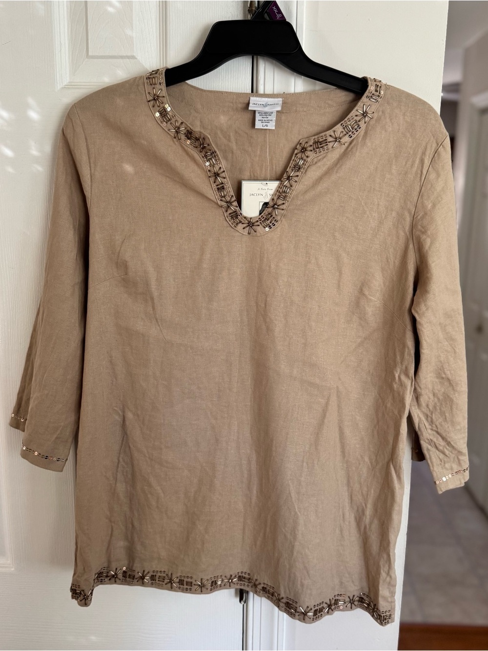 Jaclyn Smith Women's L Linen Blend Tunic Boho Embellished Beaded Tan Top NWT